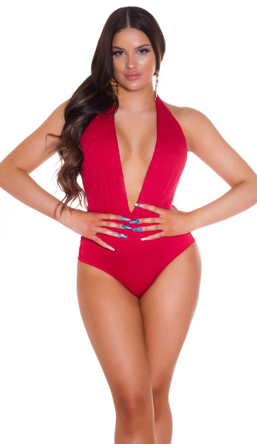 Plunging V-Nack Monokini Backless Red